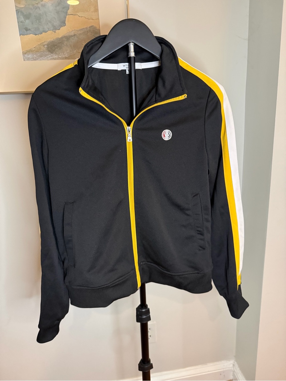 Black Track Jacket with Yellow Trim and White Sleeve Stripe by WT02